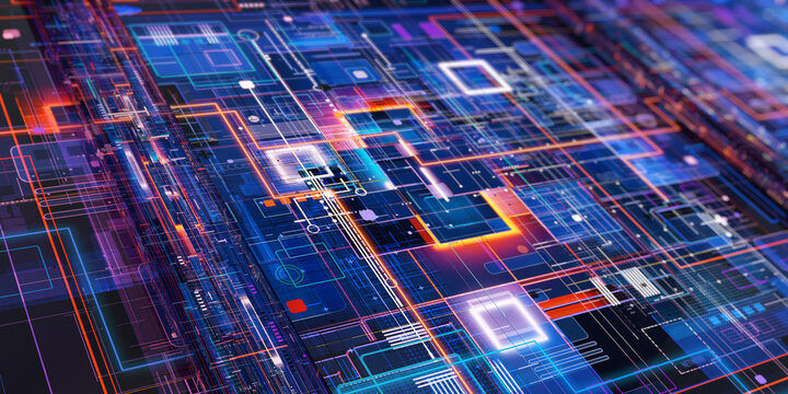 Digital information architecture: Multilayer network grid representing data flow, quantum computational systems, virtual infrastructure design. Information technology, cybersecurity, AI data science