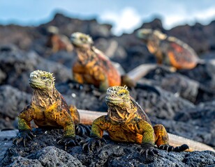 Marine iguanas bask on dark rocks. Several reptiles are clustered together; more distant animals blur in background