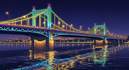 Illuminated suspension bridge spans wide waterway under a dark evening sky