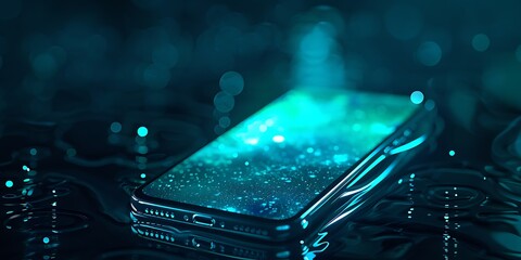 Futuristic smartphone screen glows with cosmic galaxy imagery, reflecting in water droplets.