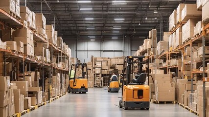 Two workers are busy moving boxes in a large warehouse. They use electric forklifts to transport goods. This scene takes place during a typical workday in a storage facility