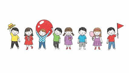 Fototapeta premium diverse children illustration showing happy kids holding various items on a white background for educational content and youth marketing