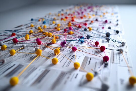 Network mapping with colorful pins and threads connecting various points on paper, illustrating complex relationships and operational dependencies visually