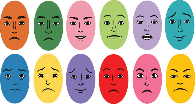 Colorful Human Face Expressions Set, Flat Vector Illustration of Emotions and Feelings, Abstract Oval Faces Showing Different Moods, Psychology, Education, UI, Character Design Collection