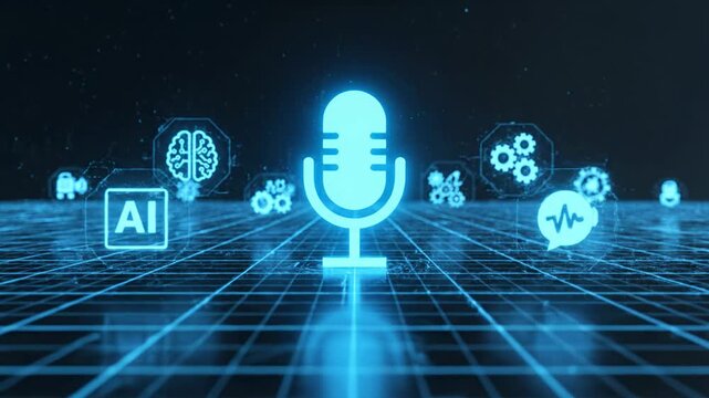 Digital Voice Assistant System with Microphone Icon and AI Symbols