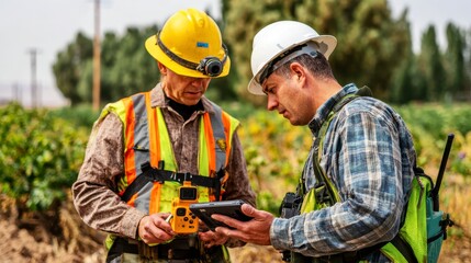 Construction workers using digital tablet and handheld device for field inspection workflow assessing groundwater levels in outdoor environment with safety helmet and vest