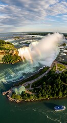 Majestic curtain of cascading water creates a vibrant natural spectrum above the churning river below