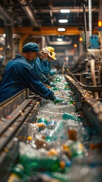 Workers are busy sorting plastic bottles on a conveyor belt in a recycling facility. They wear gloves and masks for safety while handling the materials