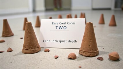 Unique clay cones arranged artistically on a flat surface with an informational sign about depth and use