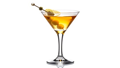 Martini drink A crystal glass filled with golden liquid, garnished with olives & lemon on a white background