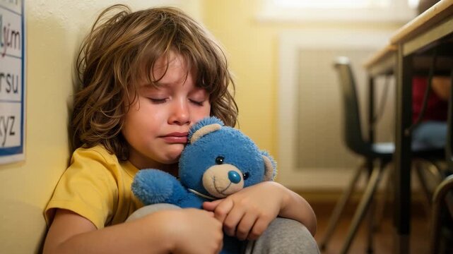 Sad little boy crying and hugging a teddy bear in a school corner. Lonely child sitting alone in a classroom feeling isolated. Bullying and childhood depression concept
