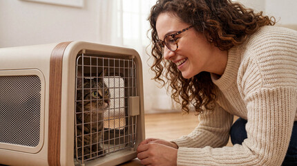 Smiling young woman with curly hair and glasses looking at her cute tabby cat inside a modern pet travel carrier at home.
