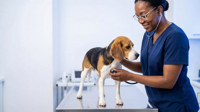 A kind Black female veterinarian examining a calm Beagle dog with a stethoscope on a steel table in a modern clinic.