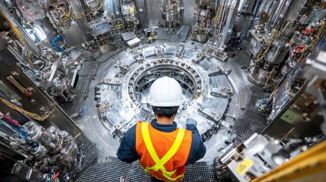 Industrial worker wearing safety helmet and orange vest inspecting complex machinery in high tech factory environment with metallic equipment and wiring, showing focus and precision - Powered by Adobe