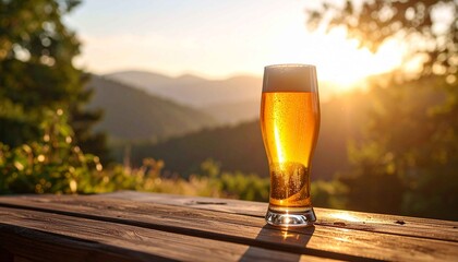 夕暮れの山並みを背景に置かれた冷えたビールグラス。黄金色の泡が美しく輝く、リラックスした大人の時間を感じさせる一枚。アウトドアや余暇、ライフスタイル広告に使いやすい写真素材。