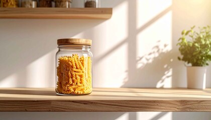 自然光が差し込む棚に置かれたガラス瓶入りのパスタ。シンプルで温かみのある暮らしを感じさせるキッチンイメージ。保存食やナチュラルライフ、食のライフスタイル表現に最適。