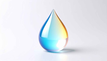 白い背景に置かれた一粒の透明な水滴オブジェ。清潔感と静けさを感じさせるミニマルなビジュアル。純粋さや環境、テクノロジー、抽象コンセプトの表現に適した素材。