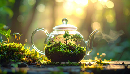 ガラスのティーポットの中に広がる小さな森の幻想世界。自然と魔法が融合したファンタジー風景。癒しやサステナブル、物語性のあるビジュアルとして印象的な一枚。