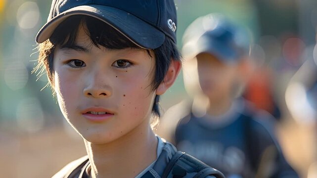 A young boy stands in front of his teammates during baseball practice. He looks focused as he prepares for the session. The sun shines brightly, creating a lively atmosphere