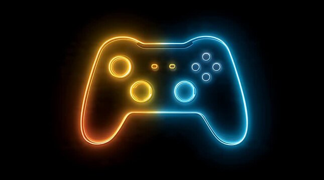 Neon gaming controller glowing with vibrant blue and orange light