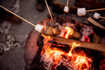 Close-up view of summer campers toasting marshmallows on sticks over bright red flames of fire pit with burning logs turning to ash beneath sweet treats. Captures intimate moment of campfire tradition
