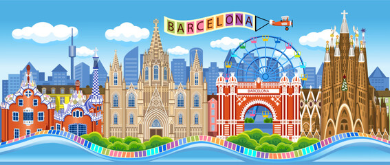 Set of Barcelonas iconic landmarks