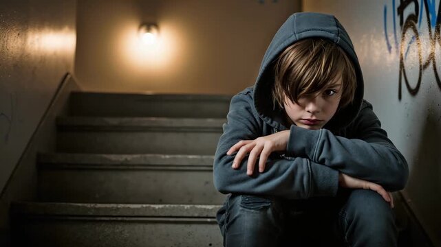 Sad young boy sitting alone on a staircase wearing a hoodie. Depressed child looking at the camera in a dark urban stairwell. Concept of bullying and social isolation
