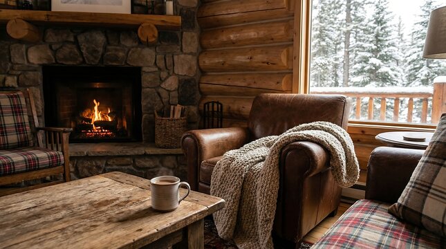 Cozy winter retreat in a rustic log cabin living room with a glowing fireplace, inviting armchair, and serene snowy outdoor view
