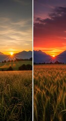 Comparative split view showcases brilliant sunburst over rolling hills behind grain fields during twilight hours