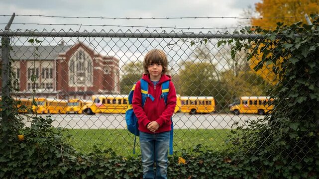 Sad young boy standing alone by a chain-link fence with school buses in the background. Lonely child with backpack feeling isolated or bullied after school