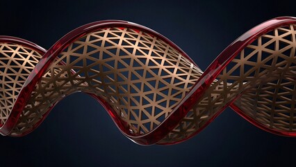 Crimson Glass Wave with Bronze Geometric Lattice Abstract 3D Form