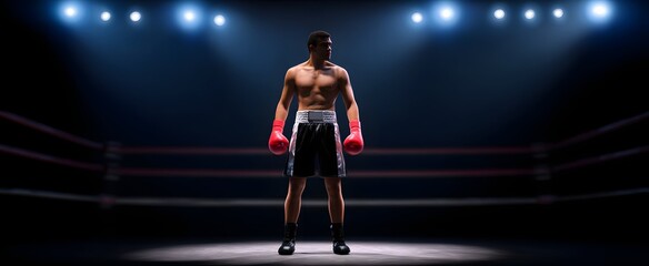 The focused boxer stands poised in the vibrant ring preparing for an intense match