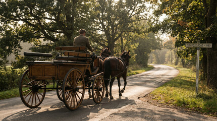 Man driving horse-drawn cart along a rural road in autumn light  