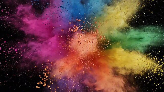 Slow motion abstract colorful Holi powder paint burst explosion on black background, overlay with gulal abir fractions flying outwards