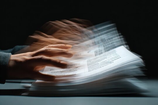Hands flipping pages rapidly showing motion blur effect, capturing fast attention switching moment with stack of printed paper on dark background