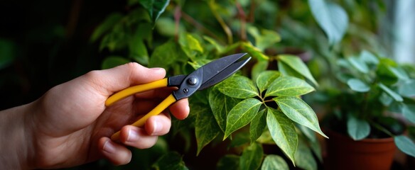 The indoor plant care routine using a tiny trimming gadget for leafy greenery.