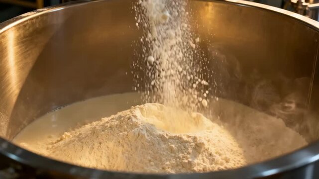 Closeup medium view inside industrial spray drying tower showing skim milk droplets evaporating rapidly to form light lowfat milk powder.