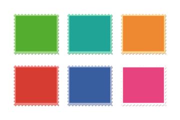 Six Colorful Postage Stamps isolated on a transparent background