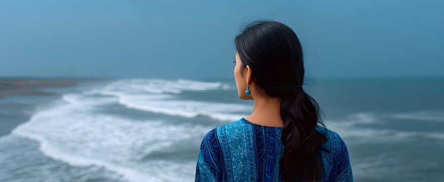 The woman gazes thoughtfully across the vibrant urban skyline at tranquil dusk. - Powered by Adobe