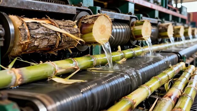 Closeup medium shot of heavy roller mills extracting juice from sugarcane in a milling train highlighting the textured cane and flowing juice with conveyor belts feeding the stalks