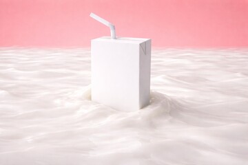 Minimalist Juice Box with Straw in Smooth Creamy Liquid on Pink Background