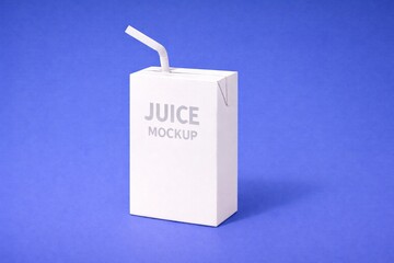 Minimalist Juice Carton Mockup with Straw on Blue Background