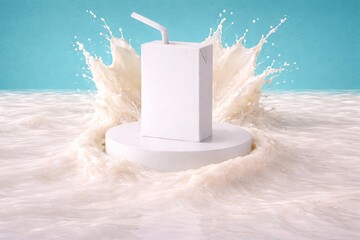 Minimalist Juice Carton with Straw in Milk Splash on Blue Background