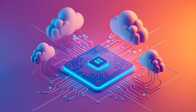 An image depicting a futuristic digital network with a central processing unit connected to multiple cloud-like structures, symbolizing cloud computing and data storage in a digital environment. - Powered by Adobe