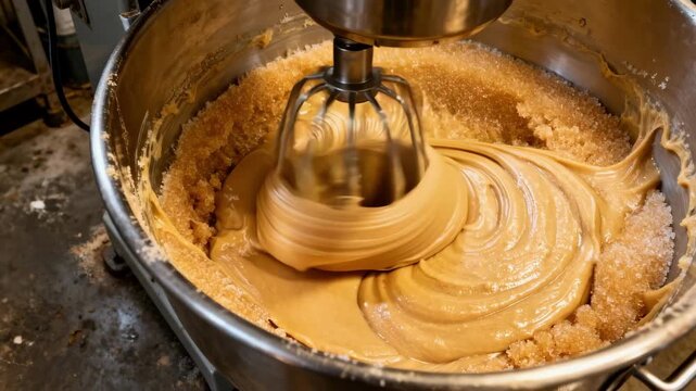 Beating supersaturated sugar in a factory setting transforming crystallized sugar into flexible fondant with continuous mixing for consistent texture.