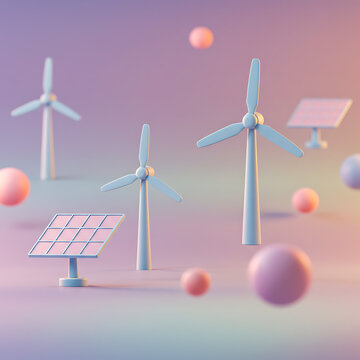 Pastel 3D Illustration of Wind Turbines and Solar Panels with Floating Spheres, Renewable Energy and Sustainable Technology Concept for Environmental Design