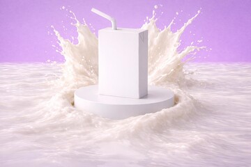 Minimalist Juice Carton with Straw on Splash Background &ndash; Creative Beverage Packaging Concept