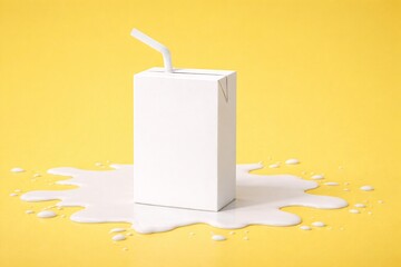 Minimalist Juice Carton with Straw on Yellow Background and Milk Spill