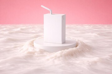 Minimalist Juice Pack with Straw on White Fluid Surface Against Pink Background