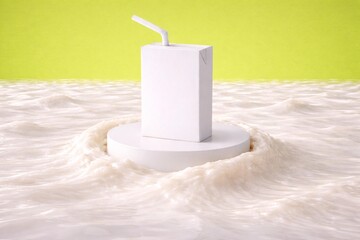 Minimalist Juice Pack on White Pedestal with Straw in Creamy Liquid on Lime Background